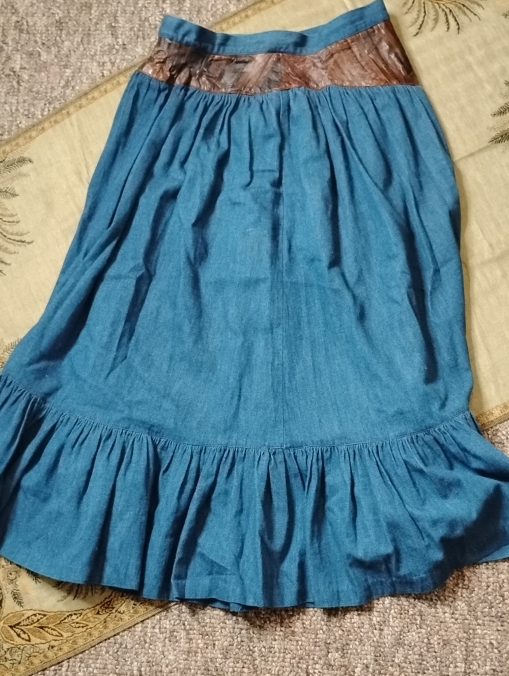 Neimen Marcus Blue Denim  Ruffled Midi Skirt with Brown Waist Panel